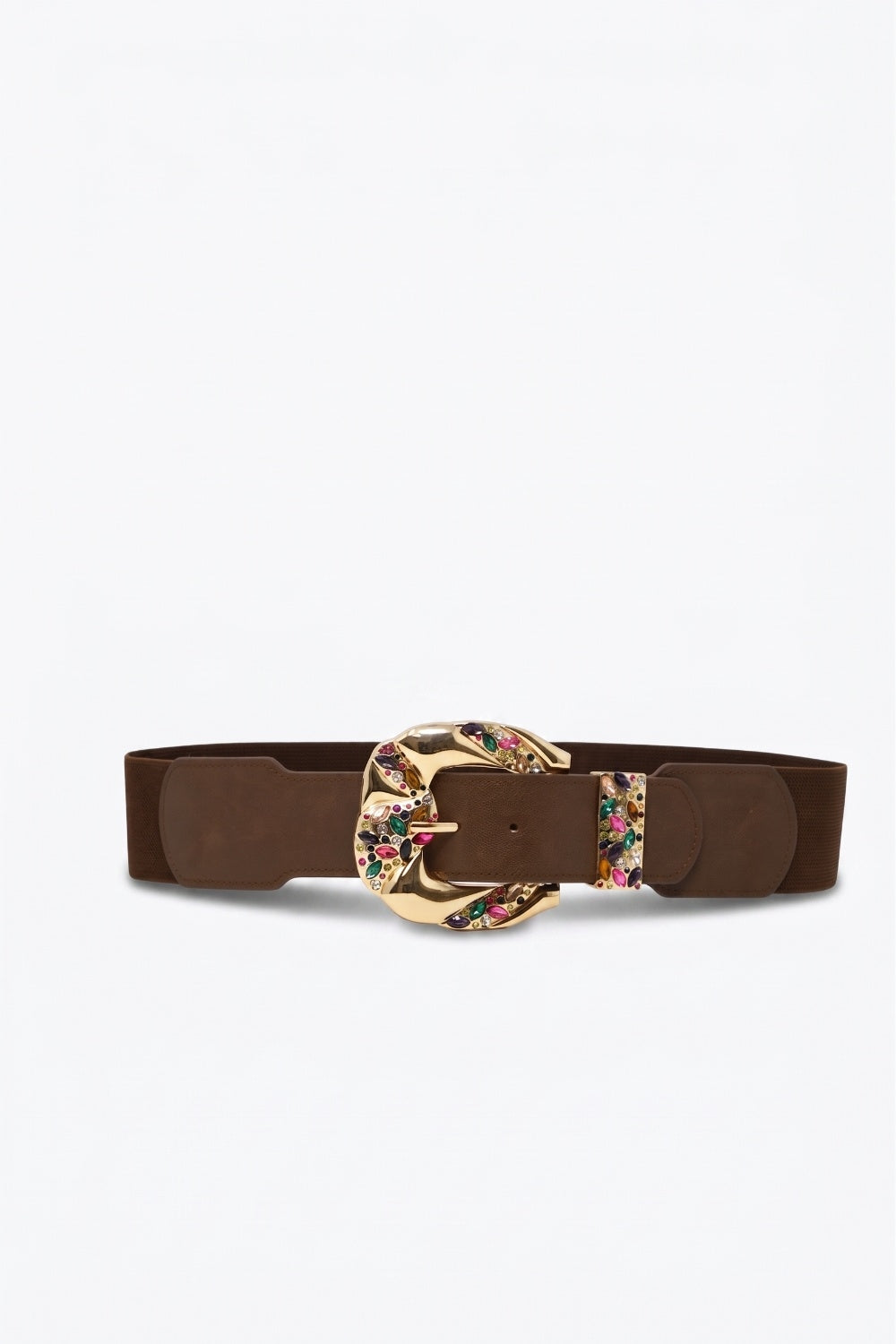 Cinto Largo de Cintura com Fivela Dourada Floral em Couro Sintético Choco