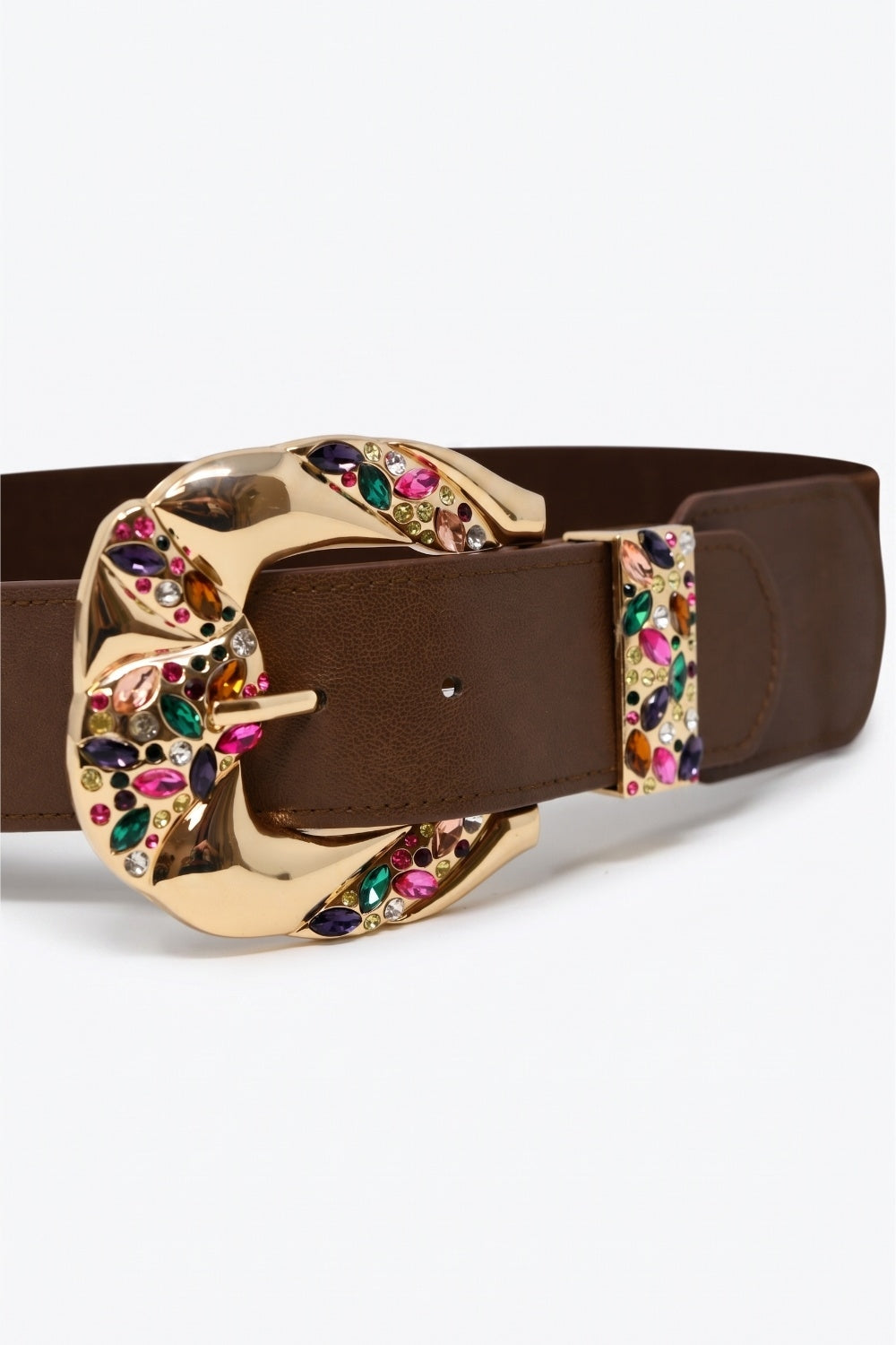 Cinto Largo de Cintura com Fivela Dourada Floral em Couro Sintético Choco