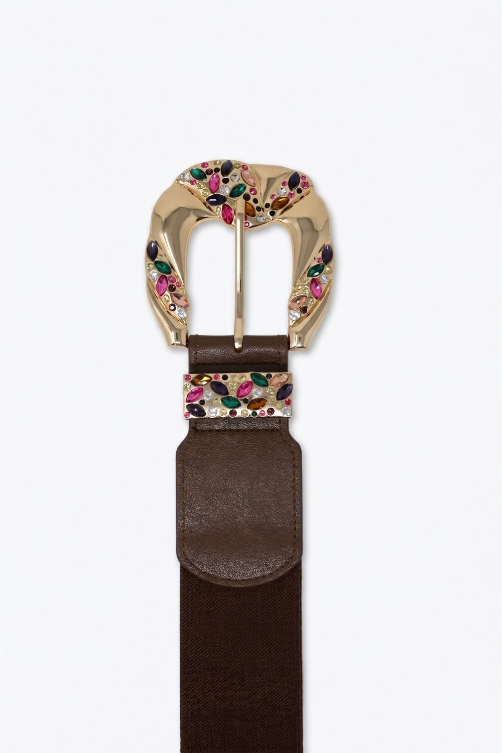 Cinto Largo de Cintura com Fivela Dourada Floral em Couro Sintético Choco