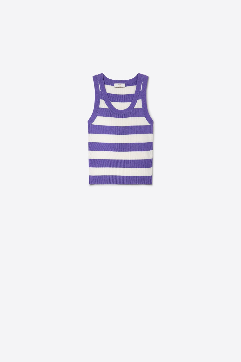 Blusa Cropped de Tricô Canelado com Listras Lilás e Decote Redondo
