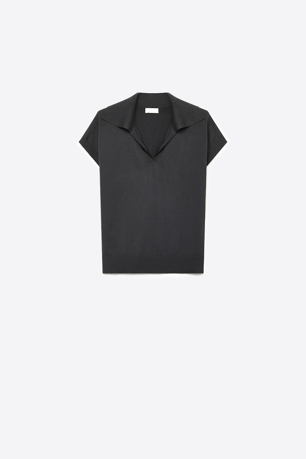 Polo Preto de Malha Fina com Gola e Barra Canelada em Ajuste Regular
