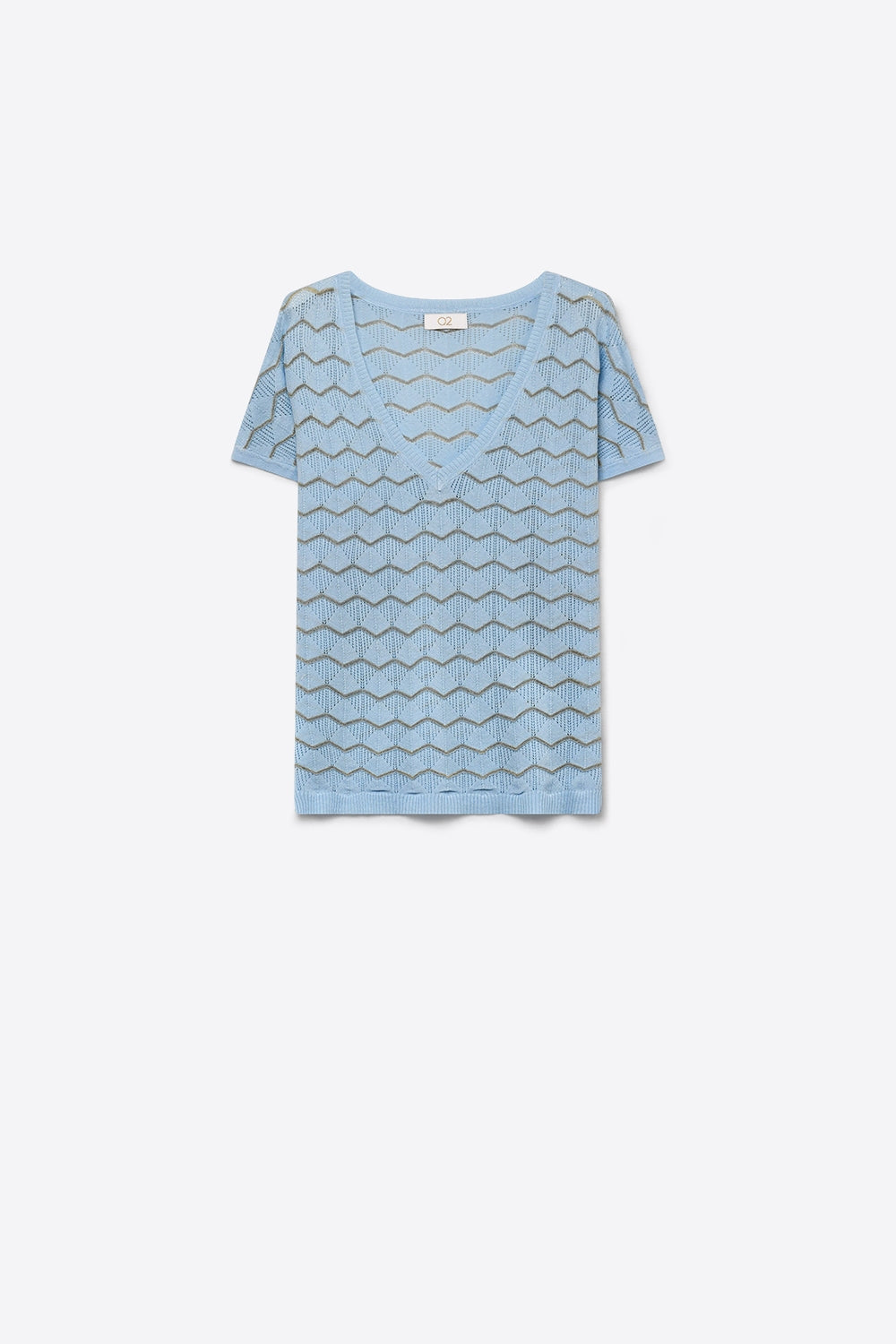 Top de Malha Fina Azul Claro com Padrão Chevron e Decote em V de Manga Curta