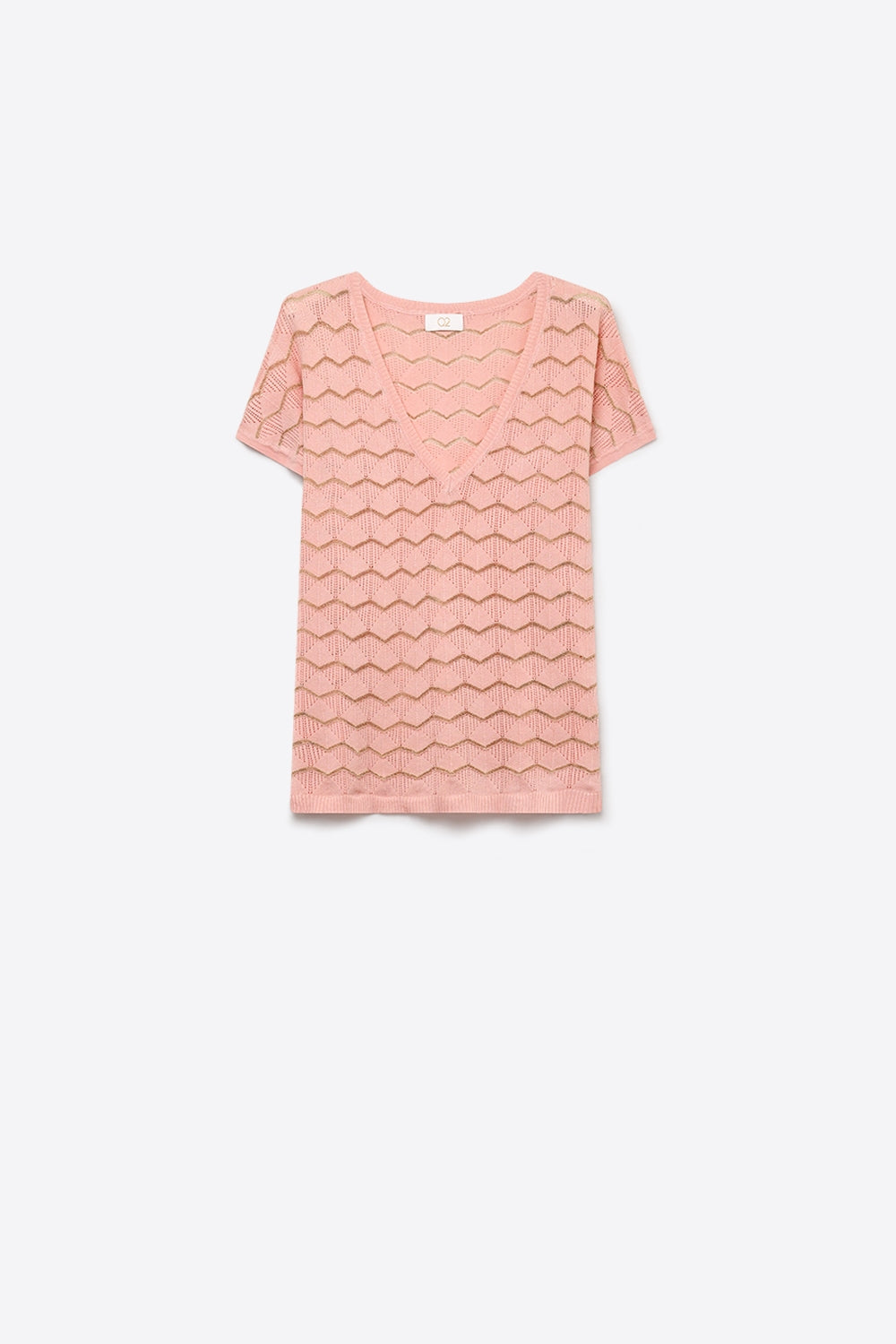 Camiseta de Malha Fina com Decote em V e Manga Curta em Rosa Claro com Chevron