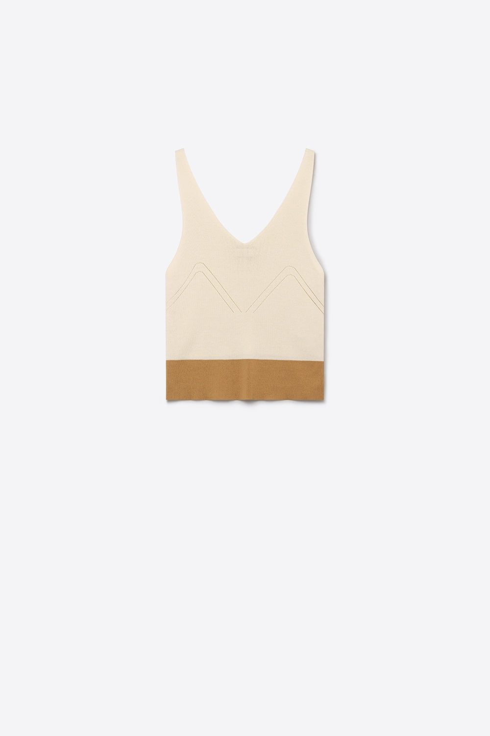 Top Cropped de Tricô Canelado com Blocos de Cor Bege e Decote em V