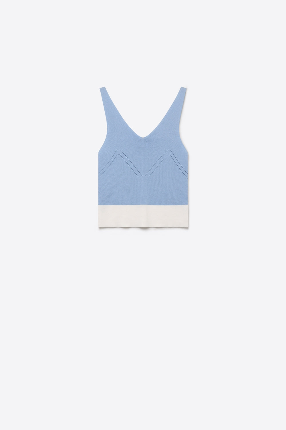 Top Cropped de Malha Canelada Azul Claro com Barra Contraste e Decote V