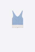 Top Cropped de Malha Canelada Azul Claro com Barra Contraste e Decote V
