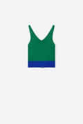 Top Cropped de Malha Canelada Verde com Blocos de Cor e Decote em V