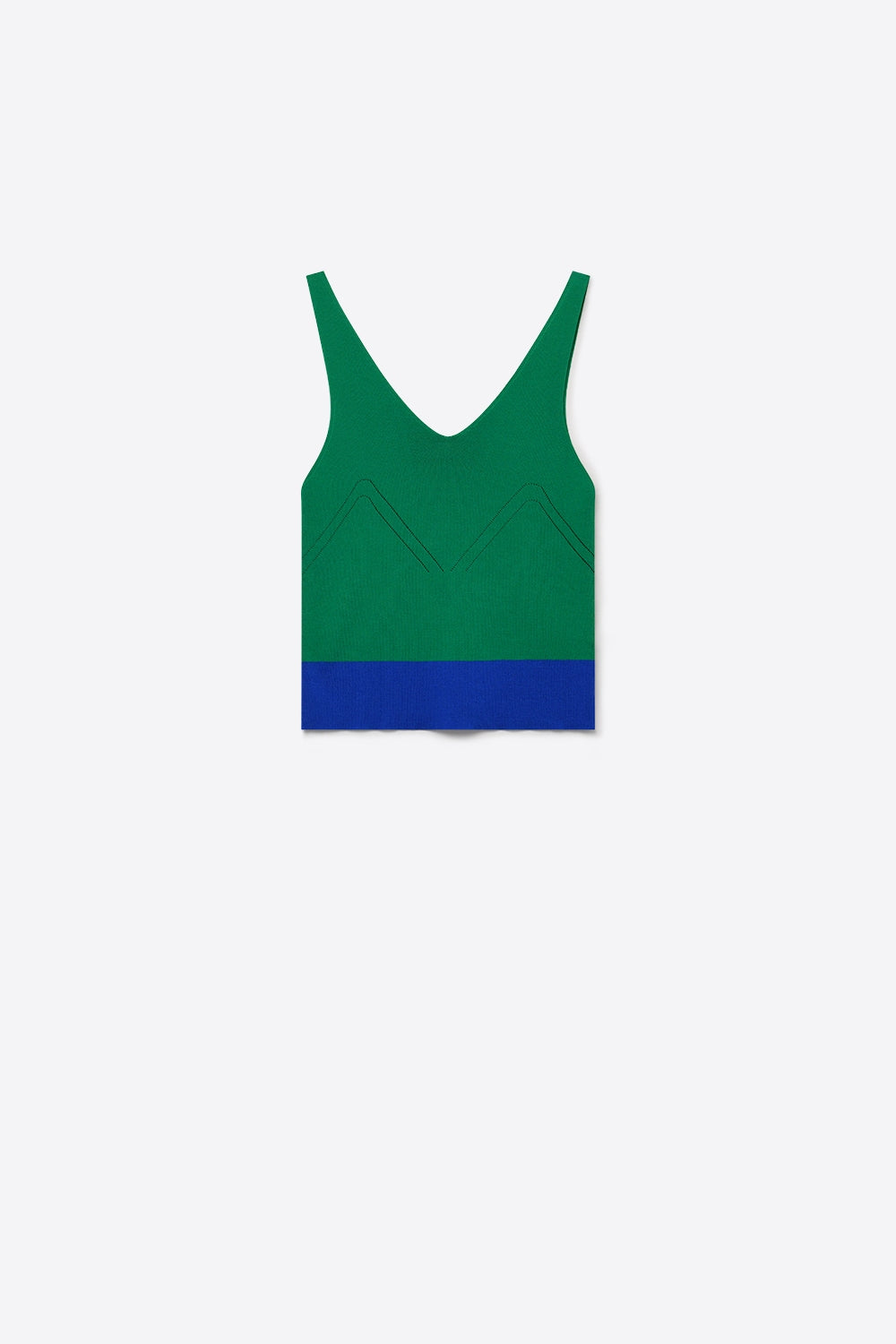 Top Cropped de Malha Canelada Verde com Blocos de Cor e Decote em V