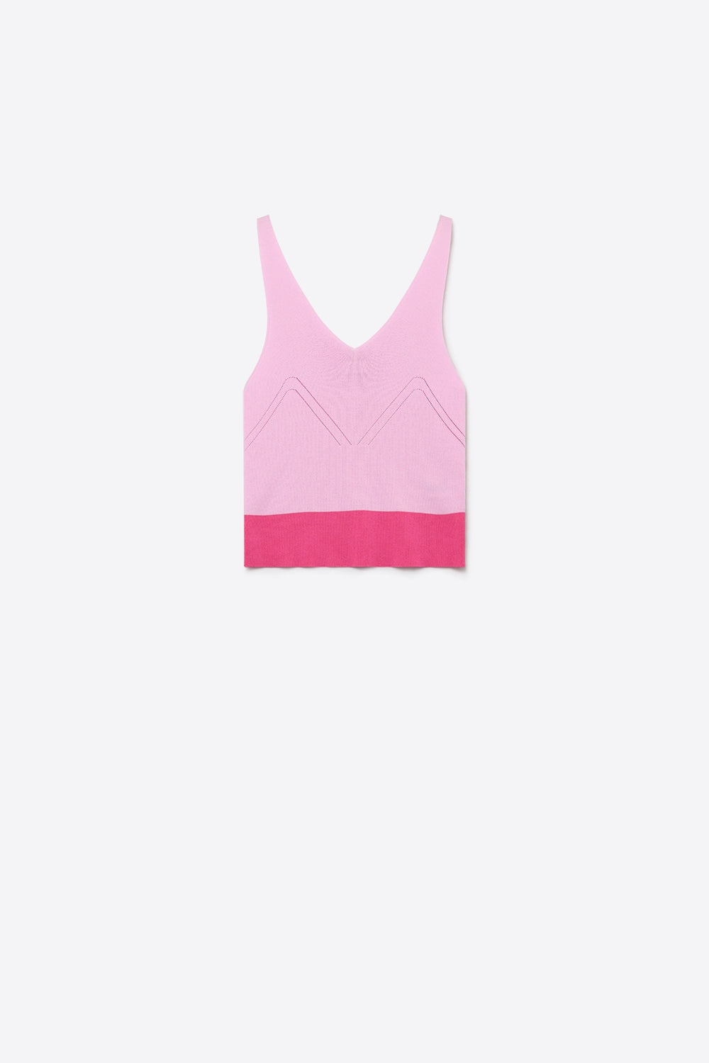 Top curto de malha canelada em rosa claro com bainha contrastante em V