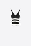 Top Cropped Ajustado de Malha Canelada com Decote V e Listras Pretas