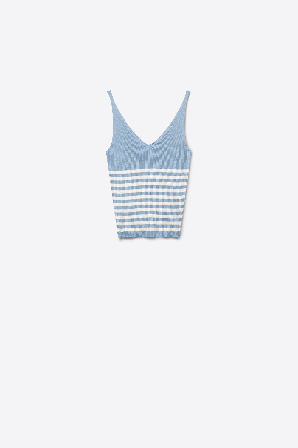 Top Cropped de Malha Canelada com Listras Brancas e Azuis Claras e Decote em V