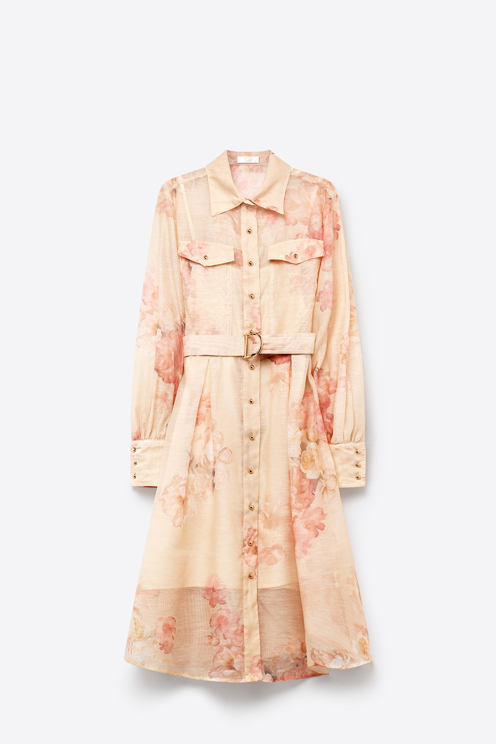 Vestido Camisa Midi de Chiffon com Estampa Floral Bege e Botões Dourados