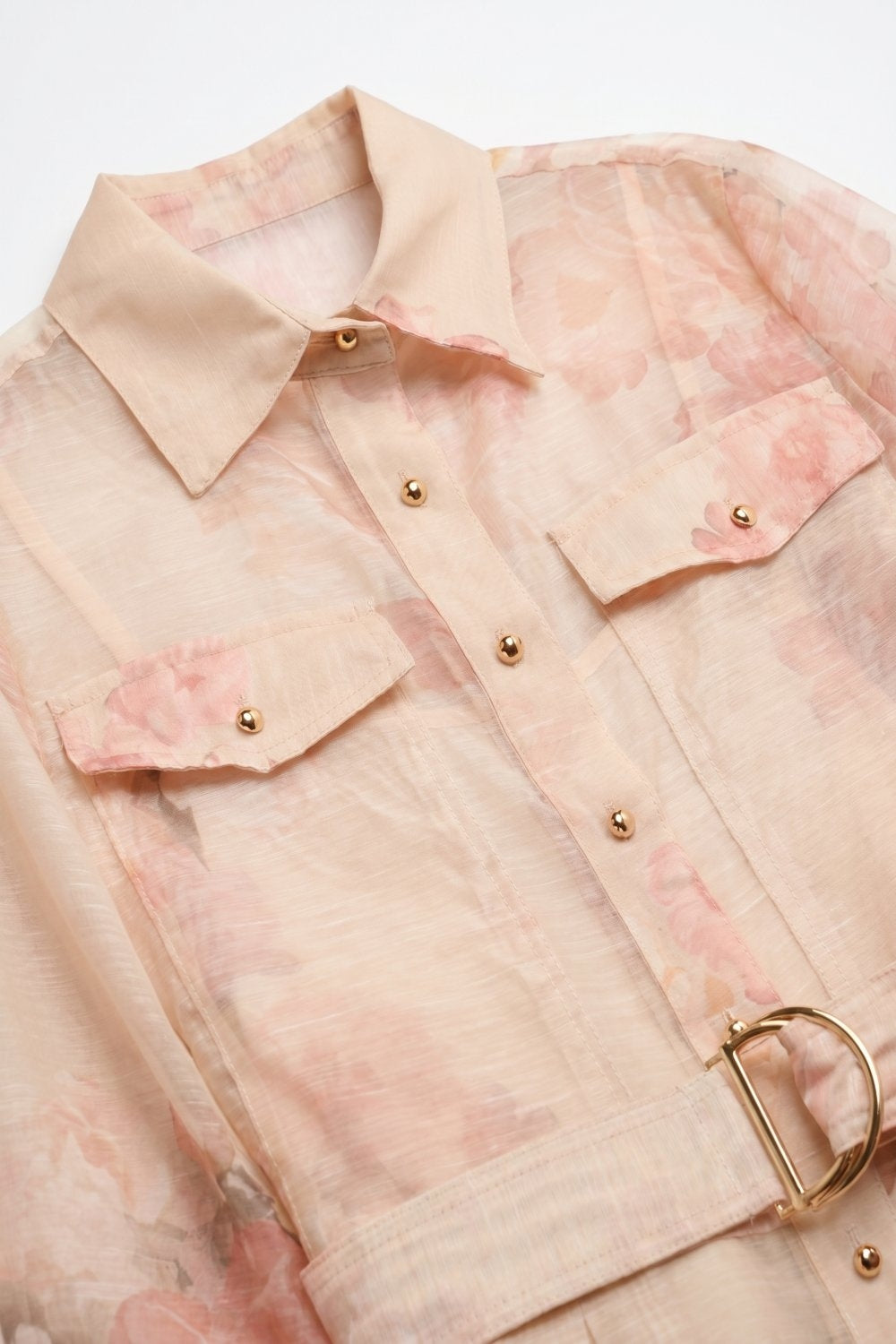 Vestido Camisa Midi de Chiffon com Estampa Floral Bege e Botões Dourados