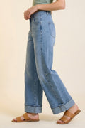 Jeans de Denim Azul de Perna Larga com Lavagem Clara e Punhos