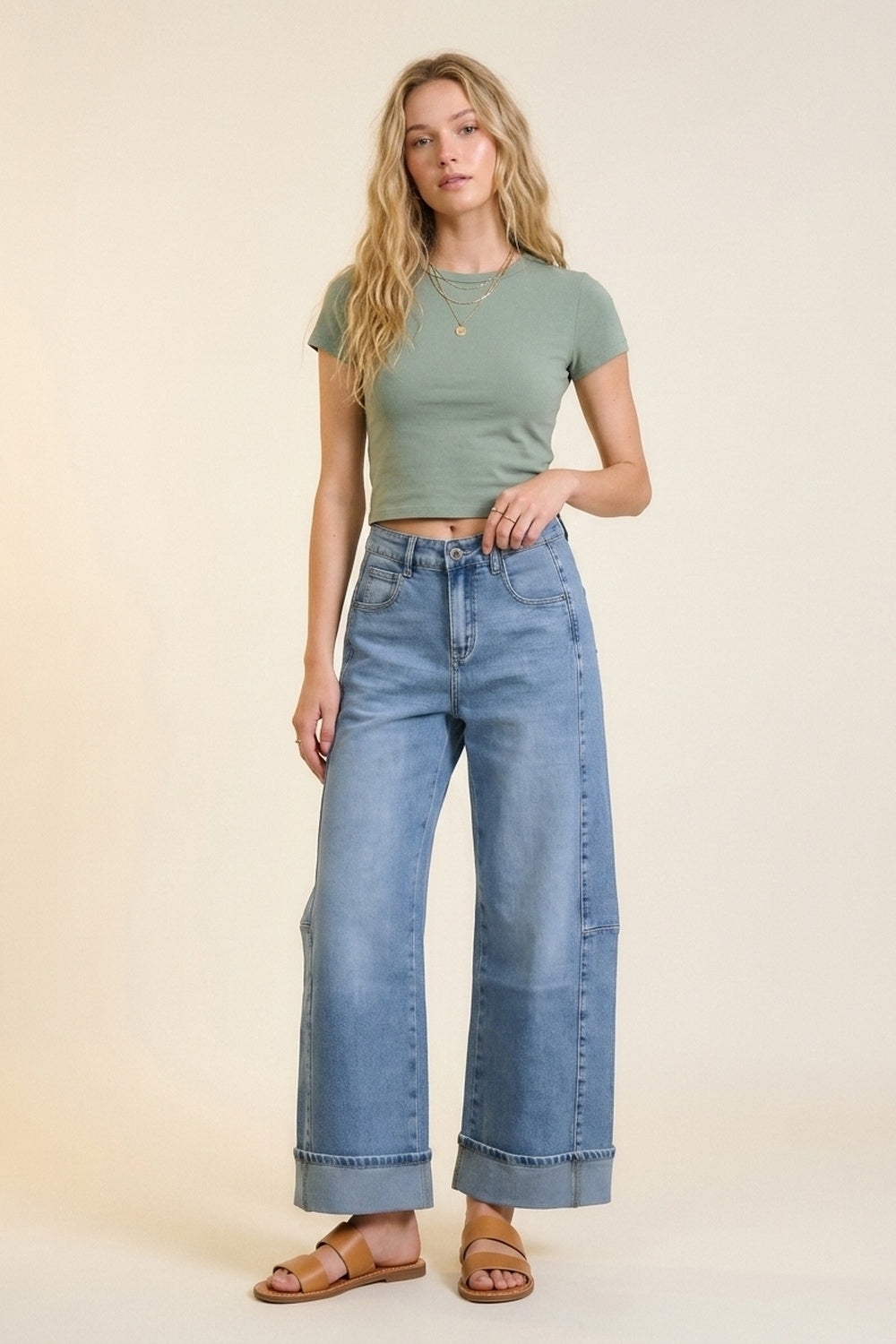 Jeans de Denim Azul de Perna Larga com Lavagem Clara e Punhos