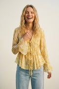 Blusa Amarela Transparente com Estampa Cintura Ajustável e Barra com Babados