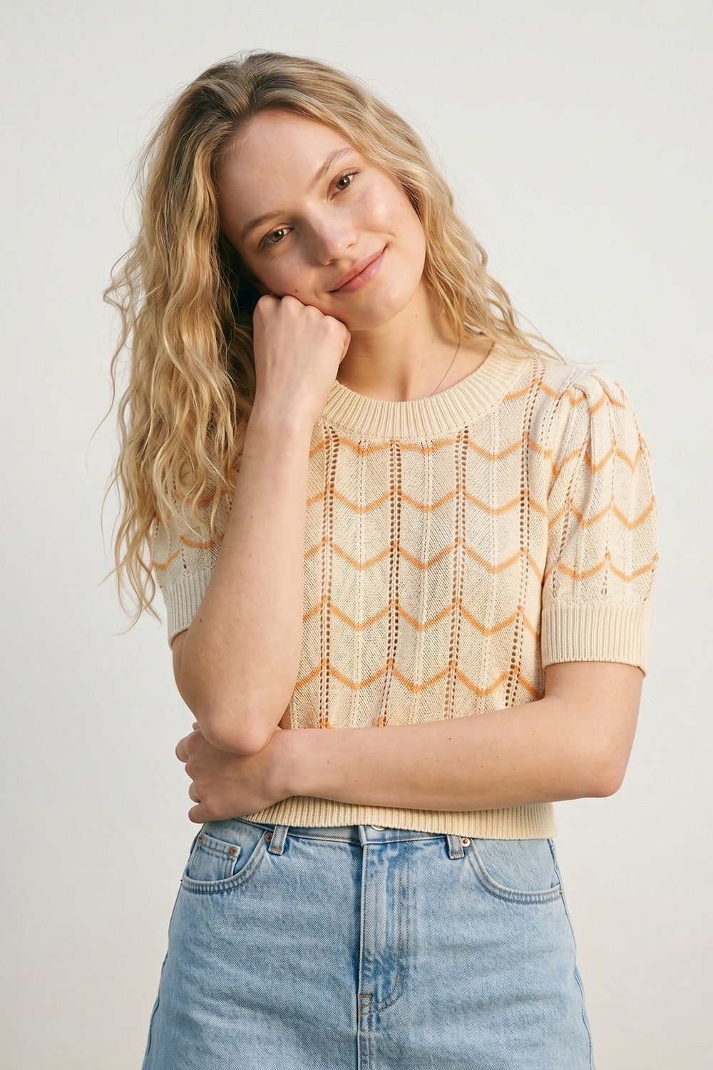 Camisola de malha fina com estampado em espinha de peixe amarelo claro