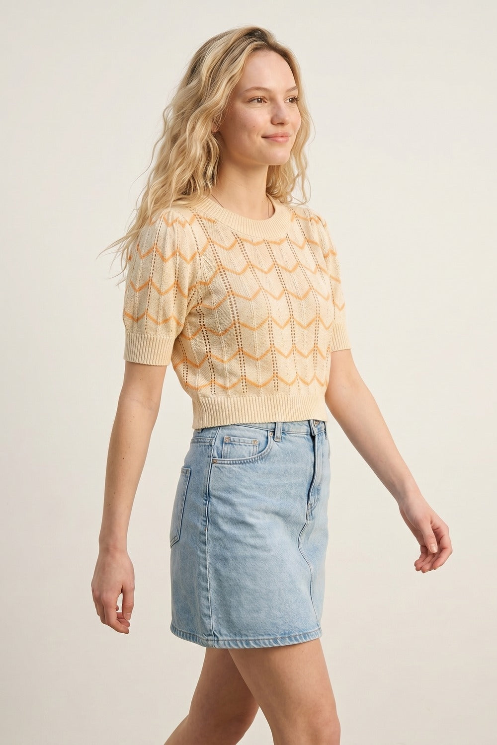 Camisola de malha fina com estampado em espinha de peixe amarelo claro