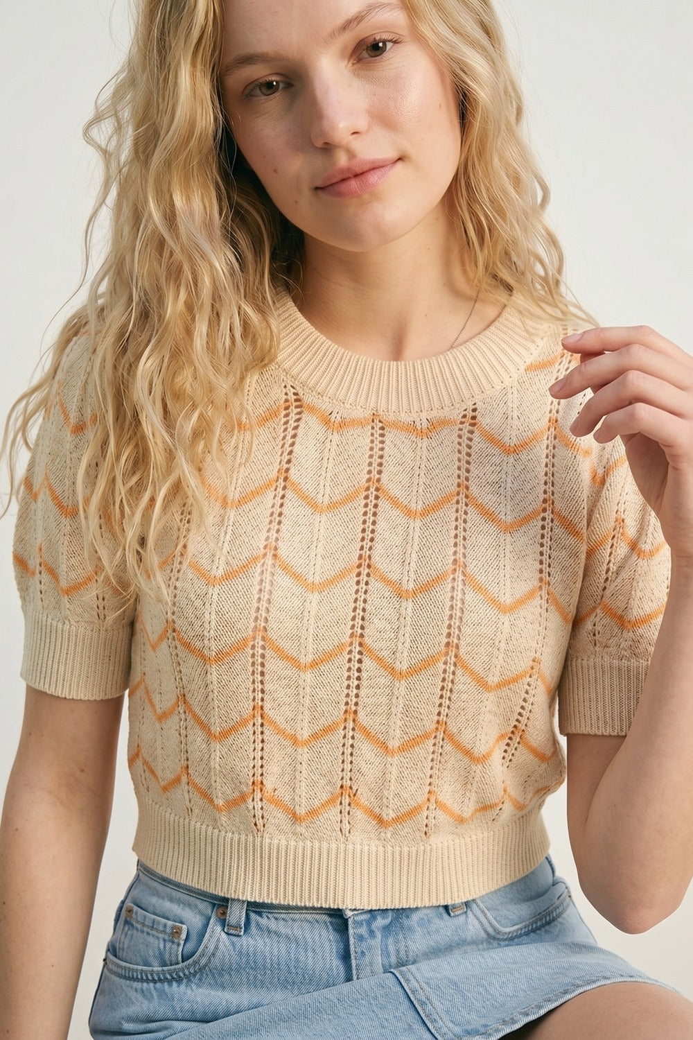 Camisola de malha fina com estampado em espinha de peixe amarelo claro