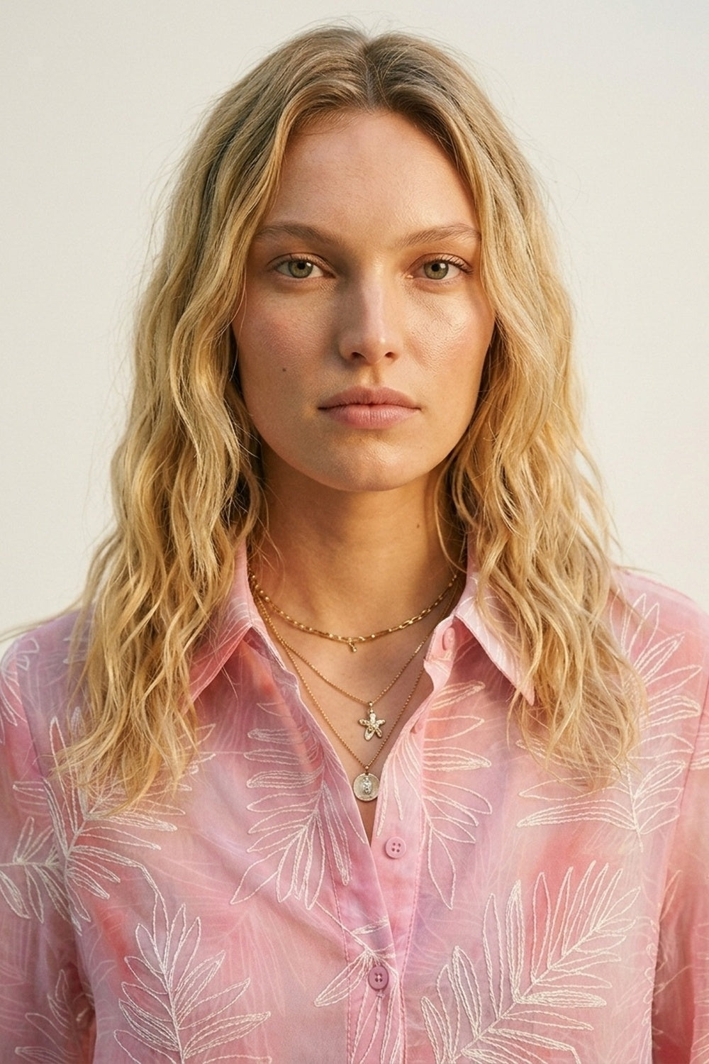 Camisa rosa com estampa de folhas translúcidas e tecido transparente