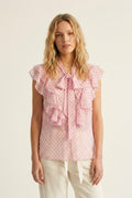 Blusa sem mangas com laço babados e estampa de bolinhas em chiffon rosa claro