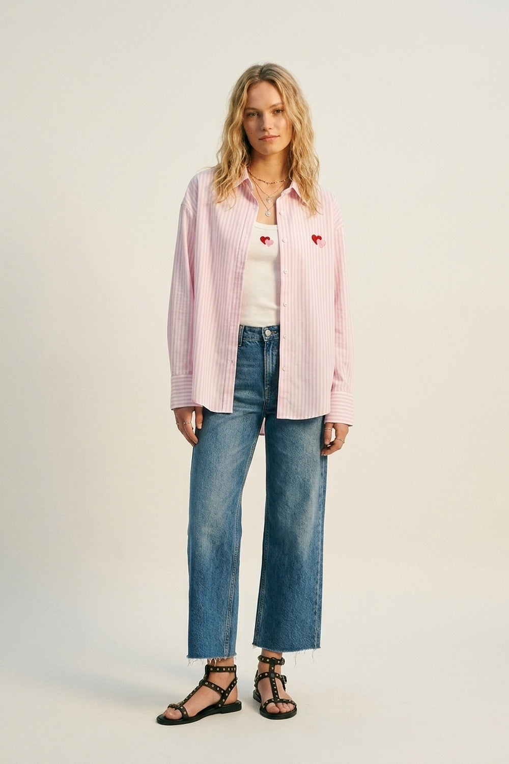 Conjunto de Camiseta e Camisa com Coração Bordado de Algodão Listrado Rosa 2 peças
