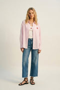 Conjunto de Camiseta e Camisa com Coração Bordado de Algodão Listrado Rosa 2 peças