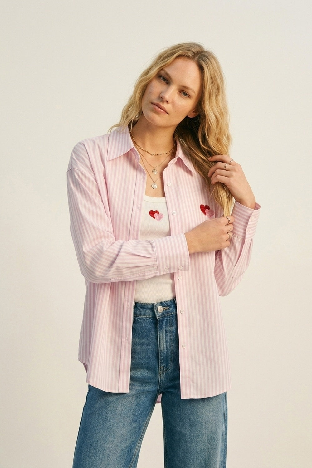 Conjunto de Camiseta e Camisa com Coração Bordado de Algodão Listrado Rosa 2 peças