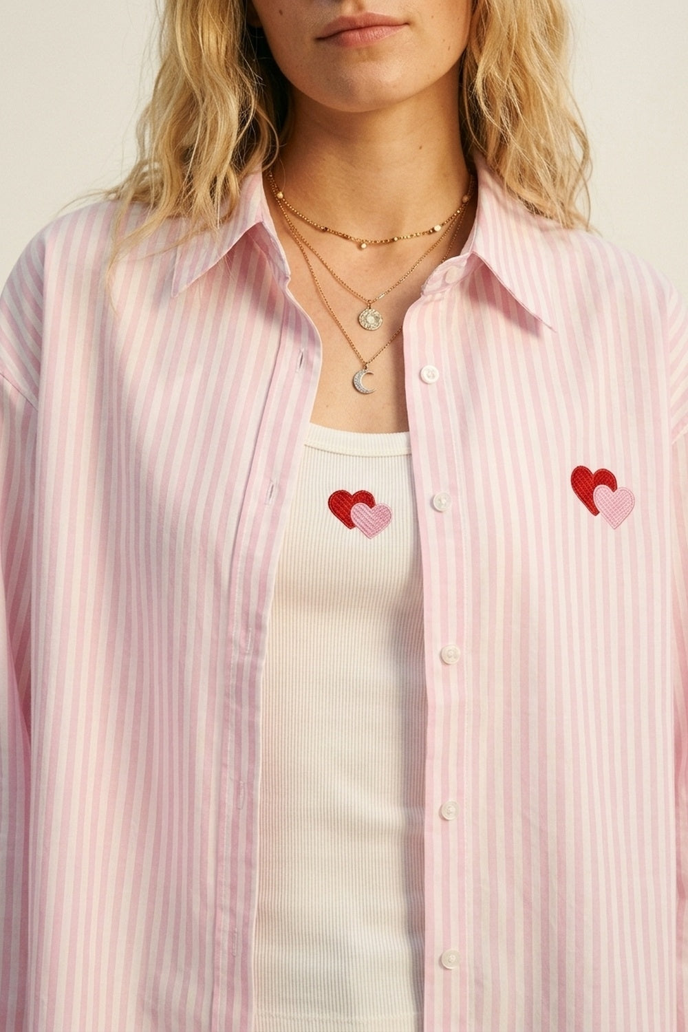 Conjunto de Camiseta e Camisa com Coração Bordado de Algodão Listrado Rosa 2 peças