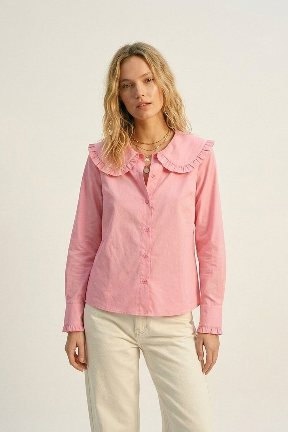Camisa de Manga Longa com Babado em Popeline de Algodão Rosa com Gola Estilo Prairie
