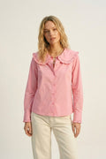 Camisa de Manga Longa com Babado em Popeline de Algodão Rosa com Gola Estilo Prairie