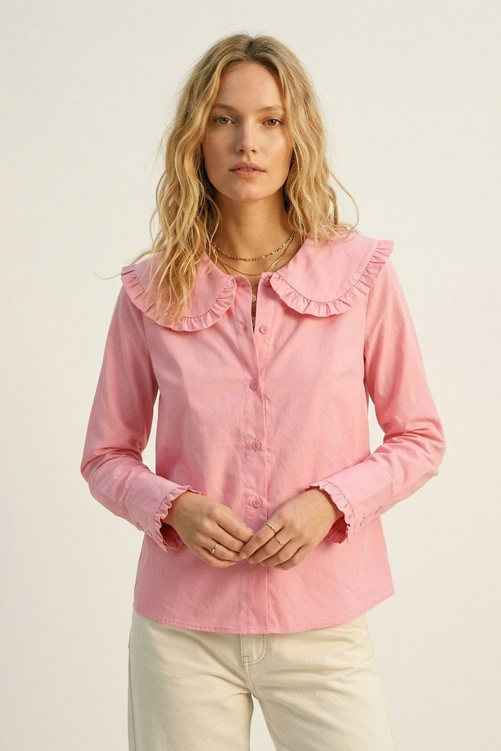 Camisa de Manga Longa com Babado em Popeline de Algodão Rosa com Gola Estilo Prairie