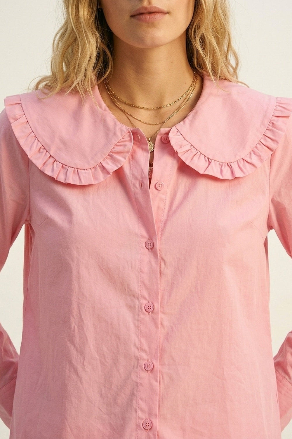 Camisa de Manga Longa com Babado em Popeline de Algodão Rosa com Gola Estilo Prairie