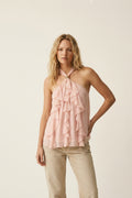Detalhe de Babado em Chiffon com Decote Halter Sem Mangas em Rosa Claro