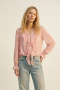 Blusa de Botão com Babado de Chiffon com Estampa de Bolinhas Douradas em Rosa Claro