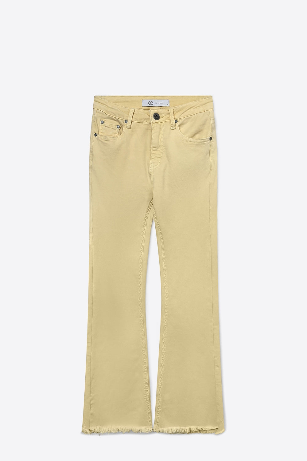 Calças jeans flare com barra desfiada na cor amarela
