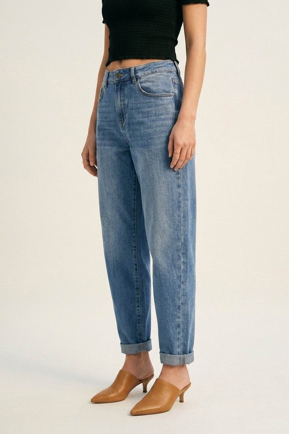 Jeans Balão Descontraídos de Cintura Alta em Denim Lavagem Clara