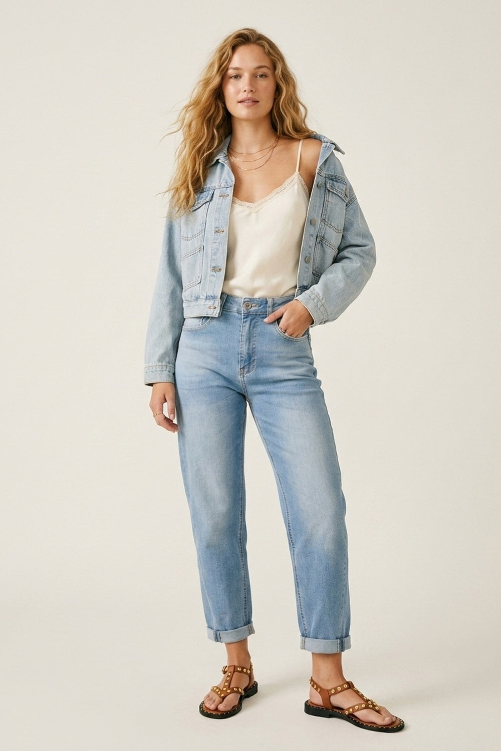 Jeans Mom Fit de Denim Azul Claro em Comprimento Tornozelo
