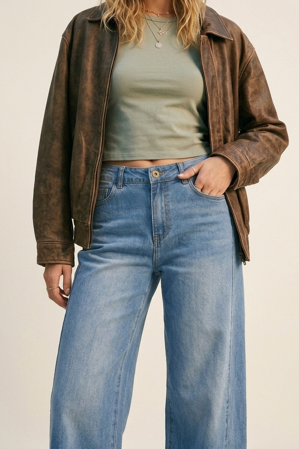 Calça Jeans Azul de Pernas Largas e Lavagem Clara com costuras laterais