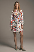 Vestido Mini de Manga Longa com Cinto Estampa Floral Branca em Tecido Leve