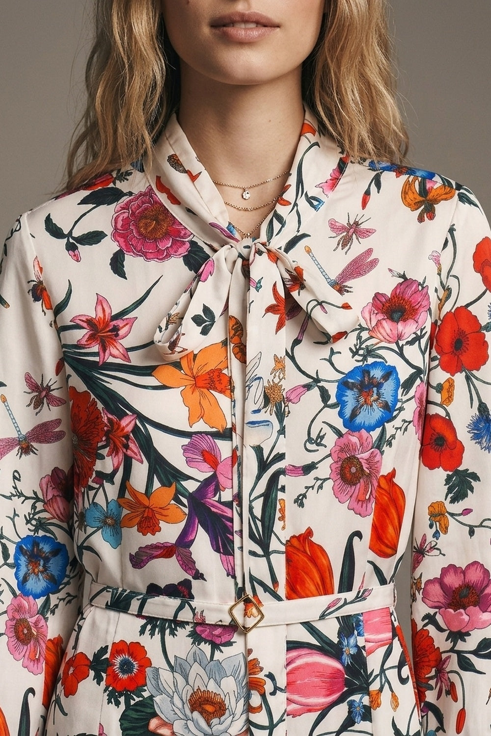 Vestido Mini de Manga Longa com Cinto Estampa Floral Branca em Tecido Leve