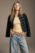 Jaqueta Jeans Denim Lavagem Preta com Botões Decorativos