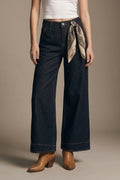Jeans Wide-Leg de Denim Escuro com Costura em Contraste