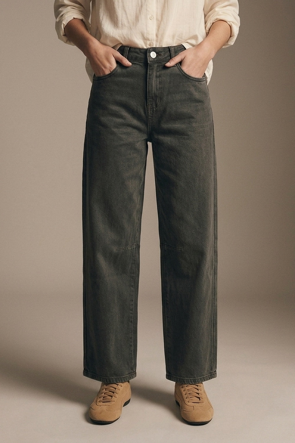 Calça Jeans Kaki Vintage Lavada com Costura no Joelho