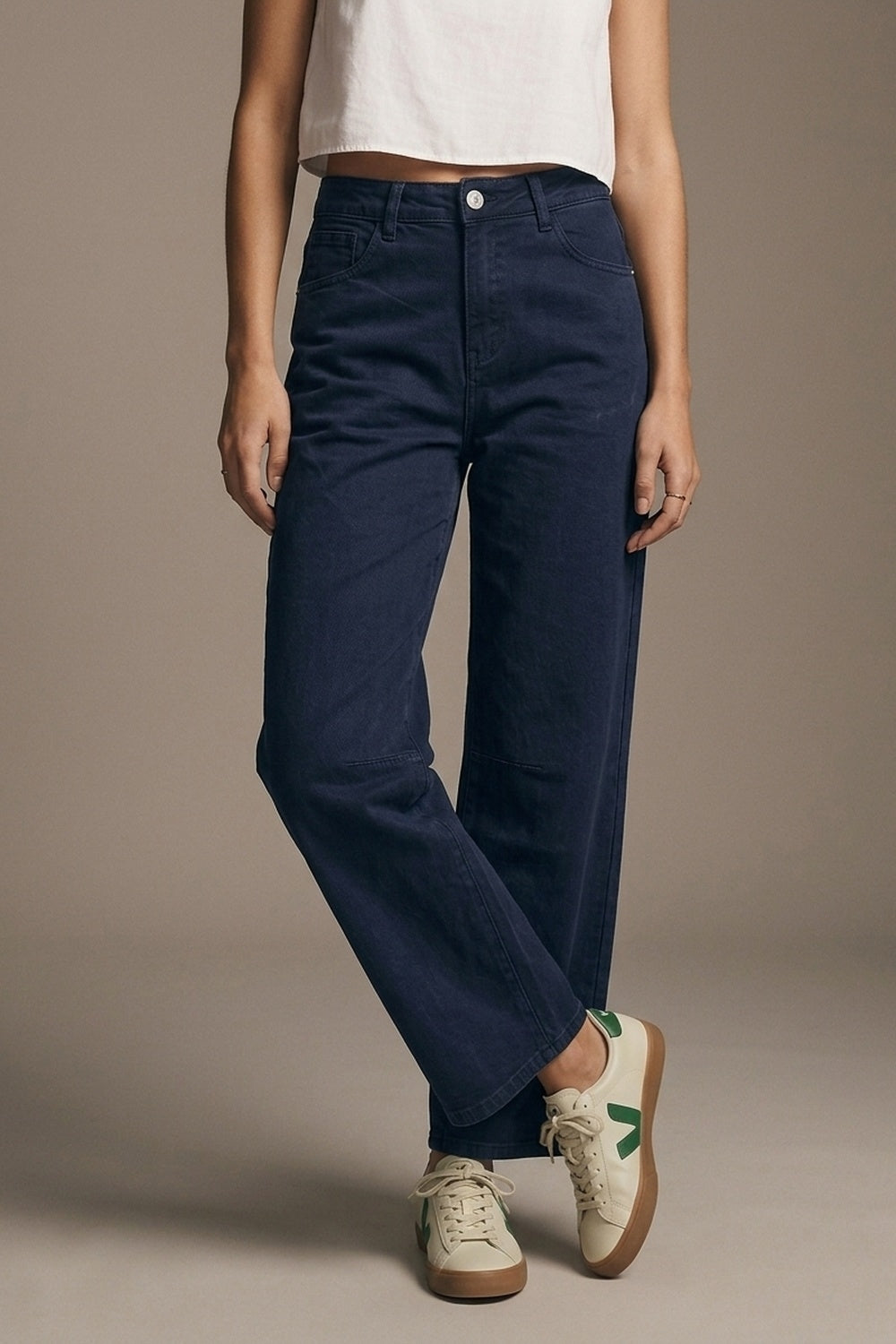 Jeans de Perna Larga em Denim Marinho com costura no joelho