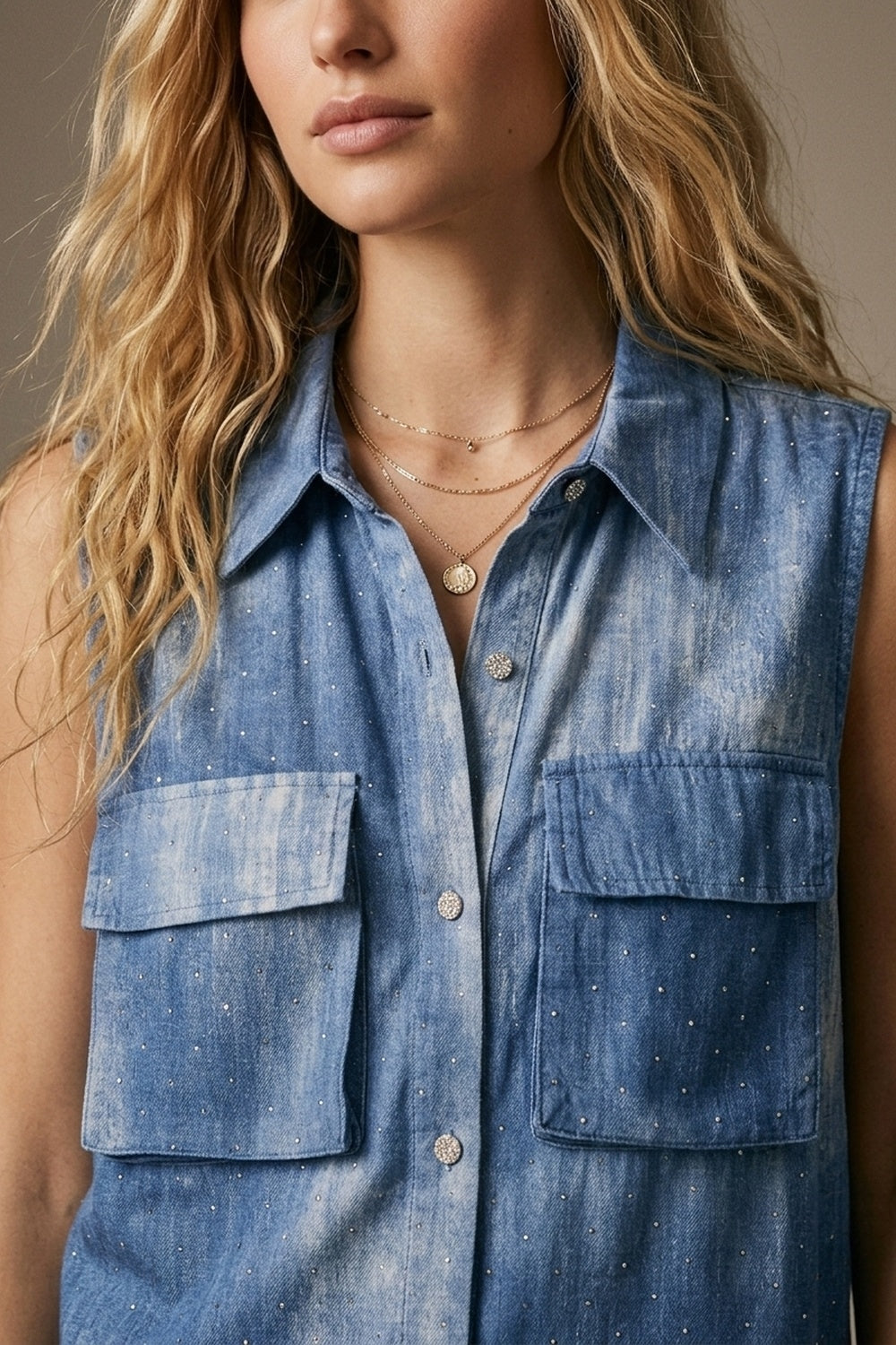 Camiseta sem mangas azul tie-dye com strass embelezado