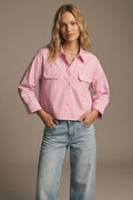 Camisa Cropped de Tecido Oxford Rosa com Bolsos no Peito