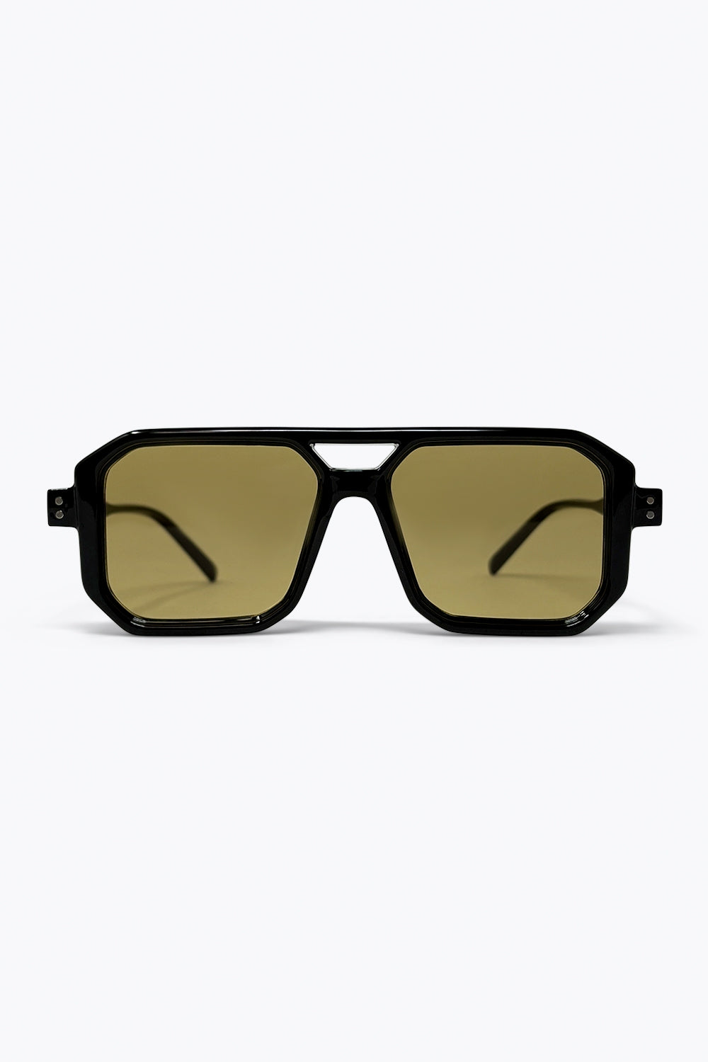 Óculos de Sol Quadrados Oversized com Armação Geométrica Preta e Lentes Oliva