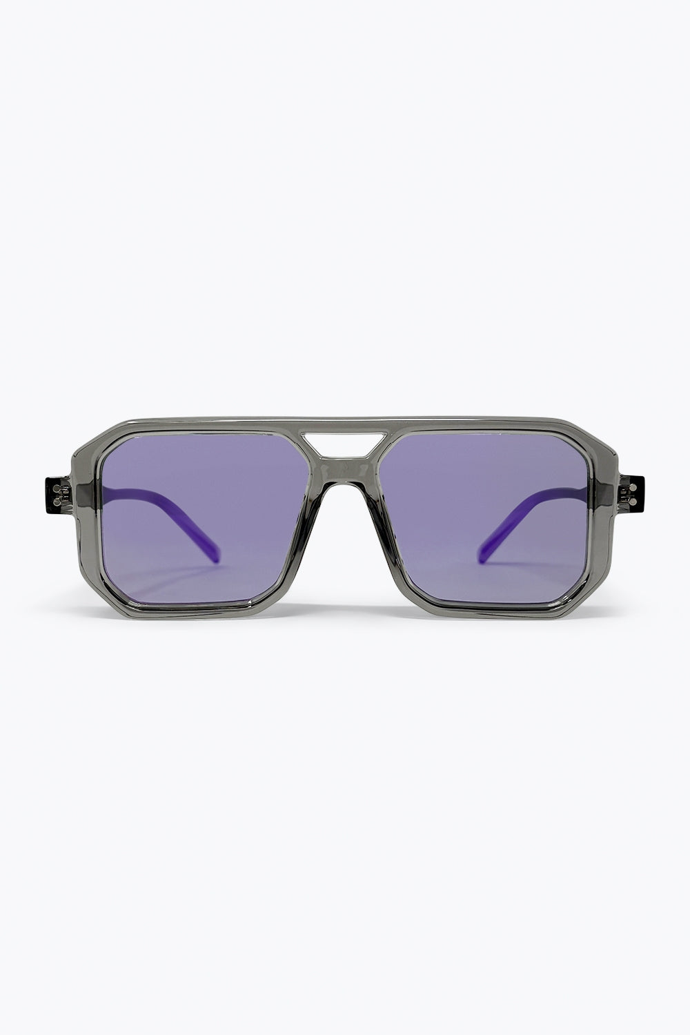Armação Transparente Cinza Lentes Roxas Geométricas Oversize Óculos de Sol