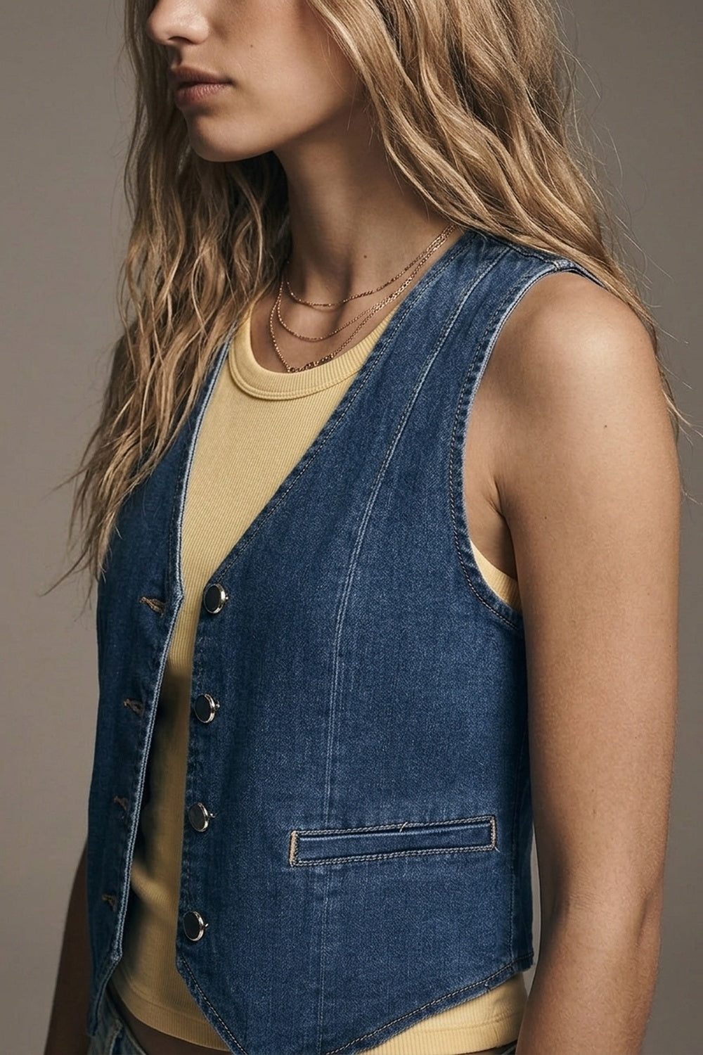 Colete de jeans escuro com botões prateados
